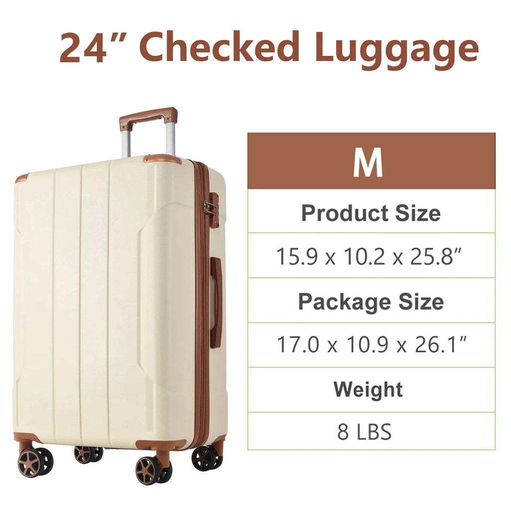 24 Inch Carry on Luggage,65L Capacity Suitcase with Wheels & TSA Lock ABS+PC Lightweight Checked Luggage for Travel Trip， White