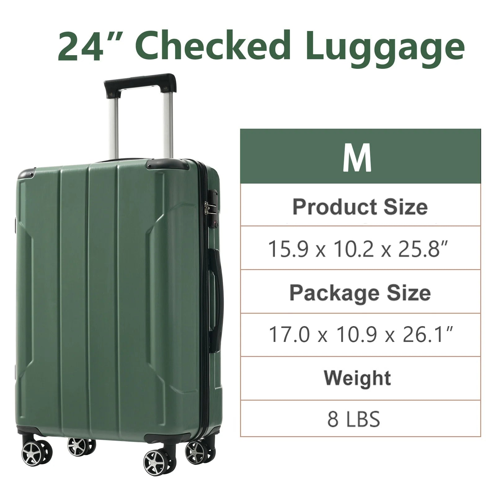 24 Inch Carry on Luggage,65L Capacity Suitcase with Wheels & TSA Lock ABS+PC Lightweight Checked Luggage for Travel Trip， Green