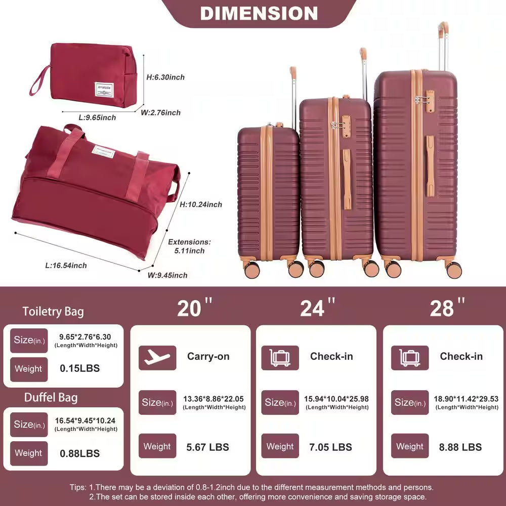 5-Piece Wine Red ABS Hardside Spinner Luggage Set with Travel Bag and Toiletry Bag (20/24/28 In. )