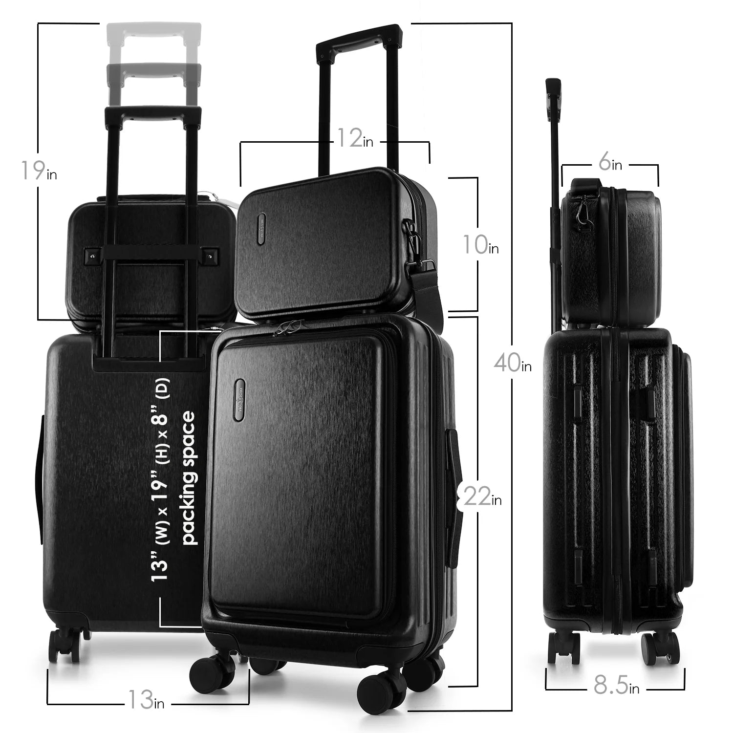 22" Hardside Carry on Luggage 22X14X9 Airline Approved and Expandable Luggage, Front Pocket Luggage Set Spinner Suitcase Set, Black