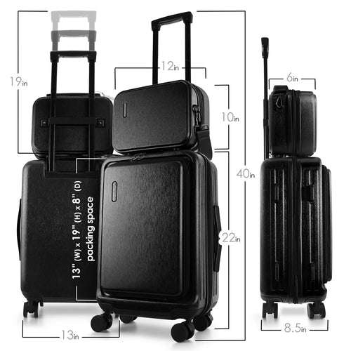 22" Hardside Carry on Luggage 22X14X9 Airline Approved and Expandable Luggage, Front Pocket Luggage Set Spinner Suitcase Set, Black