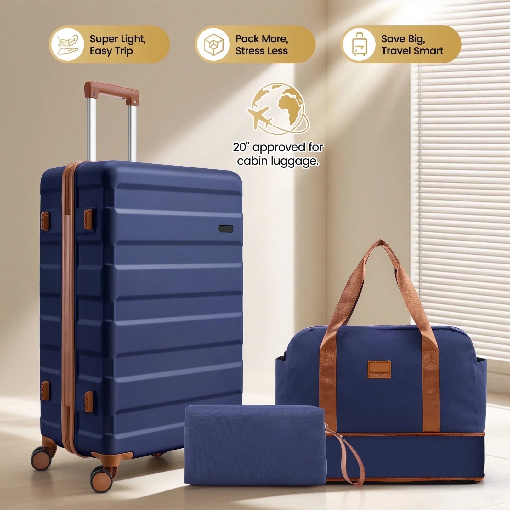 3 Piece Carry on Luggage Set, TSA Lock, Expandable Duffle Bag, Blue