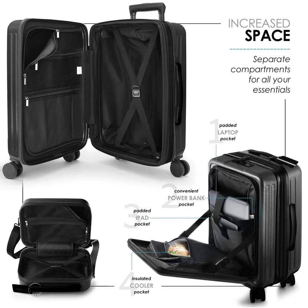 22" Hardside Carry on Luggage 22X14X9 Airline Approved and Expandable Luggage, Front Pocket Luggage Set Spinner Suitcase Set, Black