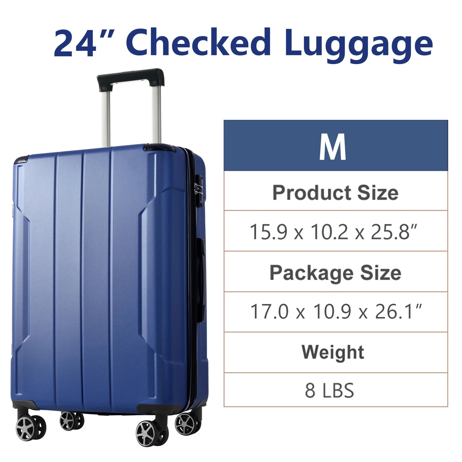 24 Inch Carry on Luggage,65L Capacity Suitcase with Wheels & TSA Lock ABS+PC Lightweight Checked Luggage for Travel Trip， Blue