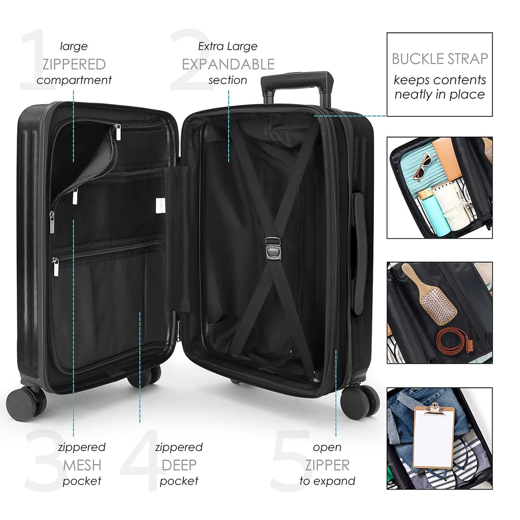 22" Hardside Carry on Luggage 22X14X9 Airline Approved and Expandable Luggage, Front Pocket Luggage Set Spinner Suitcase Set, Black