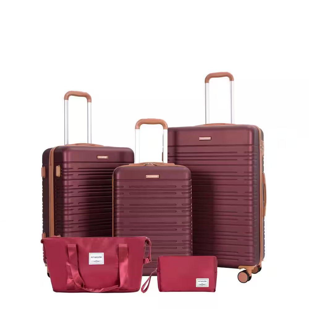 5-Piece Wine Red ABS Hardside Spinner Luggage Set with Travel Bag and Toiletry Bag (20/24/28 In. )