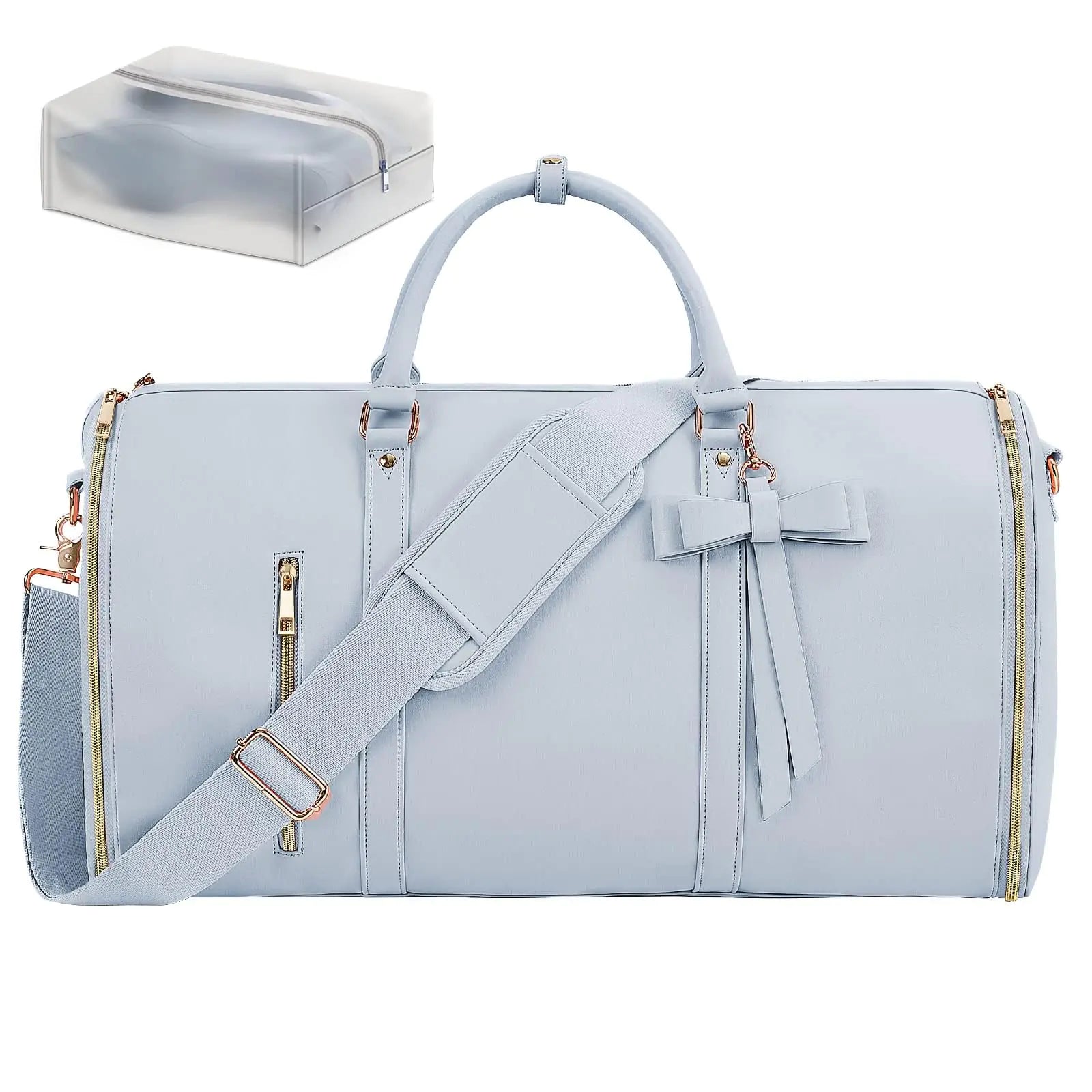 Garment Bags for Travel Convertible Suit Travel Bag for Women Stylish Carry On Garment Bag with Toiletry Pocket Shoulder Strap and Shoes Compartment 2 in 1 Foldable PU Leather Duffle Bag Blue